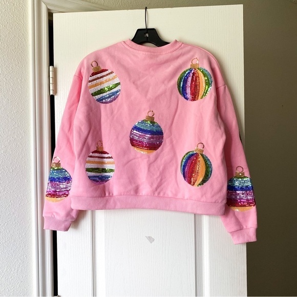 QOS Sweatshirt Kids Mega Ornament Embellish Sequin Rainbow Christmas Pink L GUC - Picture 6 of 7